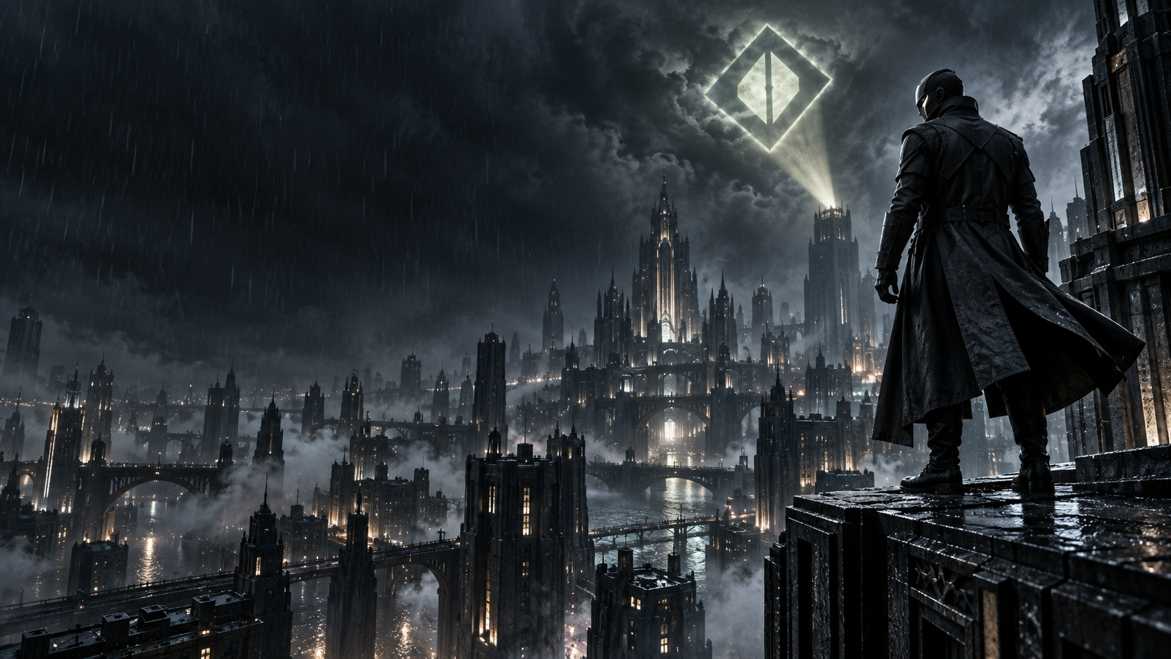 The GOTHAMHOOD vigilante above a city at night, with the brand symbol projected into the clouds